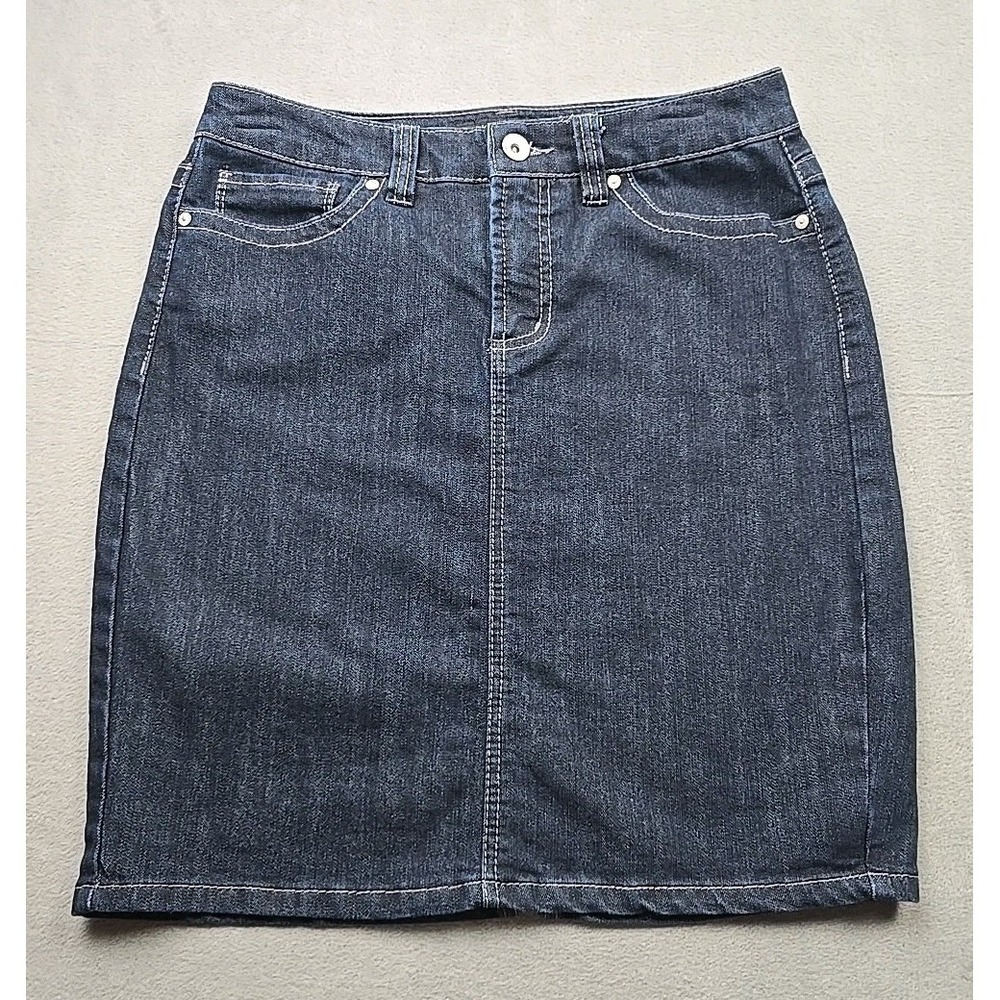Nine West Jeans‎ Dark Stone Denim Straight Skirt Stretch Zip Fly Day Out Size 6